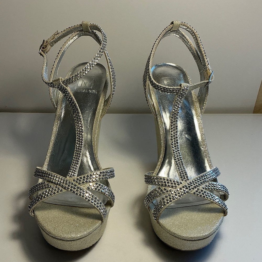 Silver Rhinestone Platform T-Strap Evening Sandals